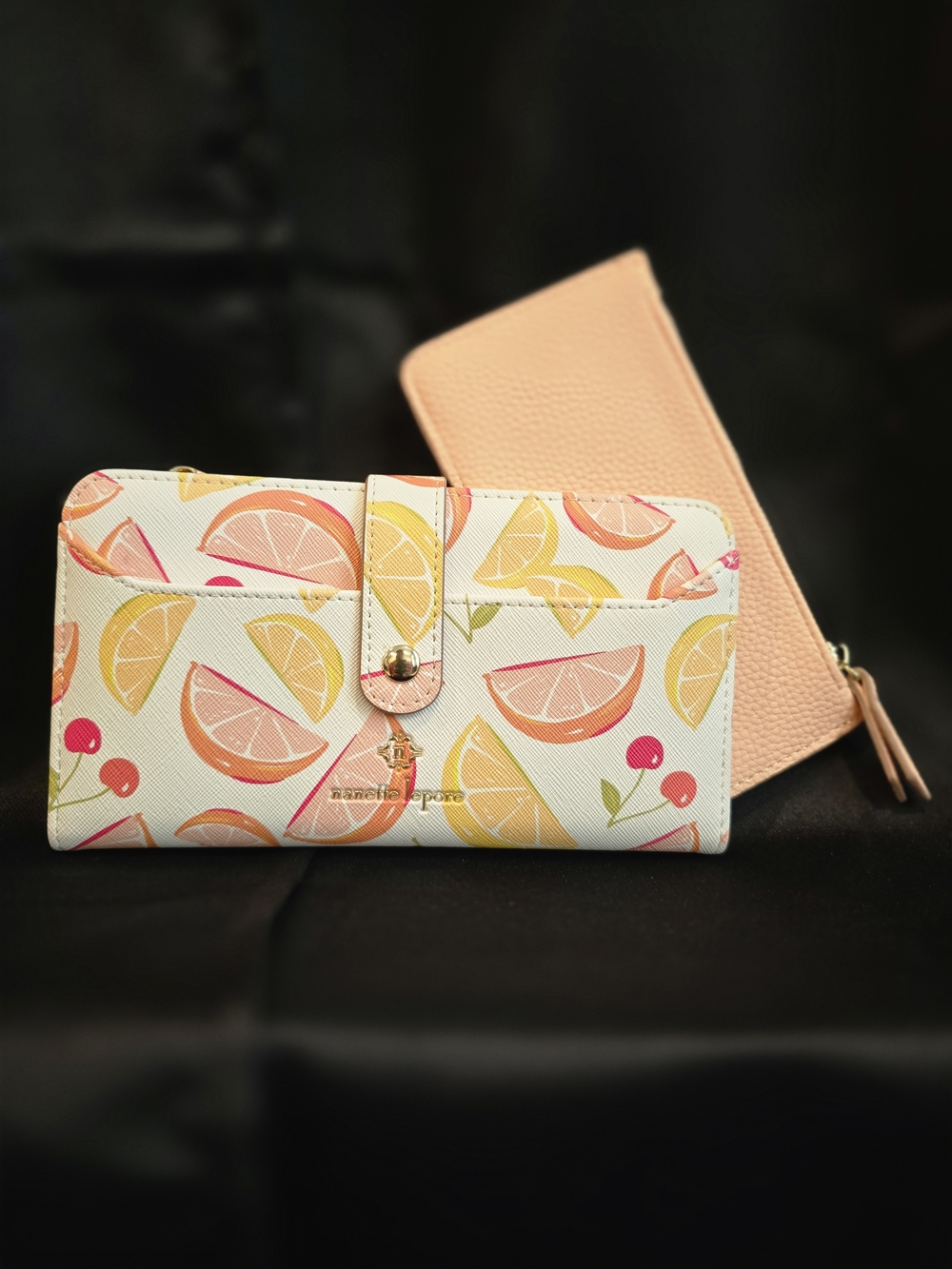 2 Pc. Nanette Lepore White Citrus Print Wallet with Peach Zip Pouch